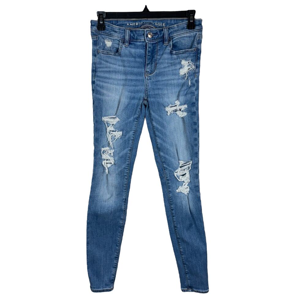 American Eagle SZ 2 Jeggings Jeans Distressed Stretch Zip-Fly Mid-Rise Whiskered
